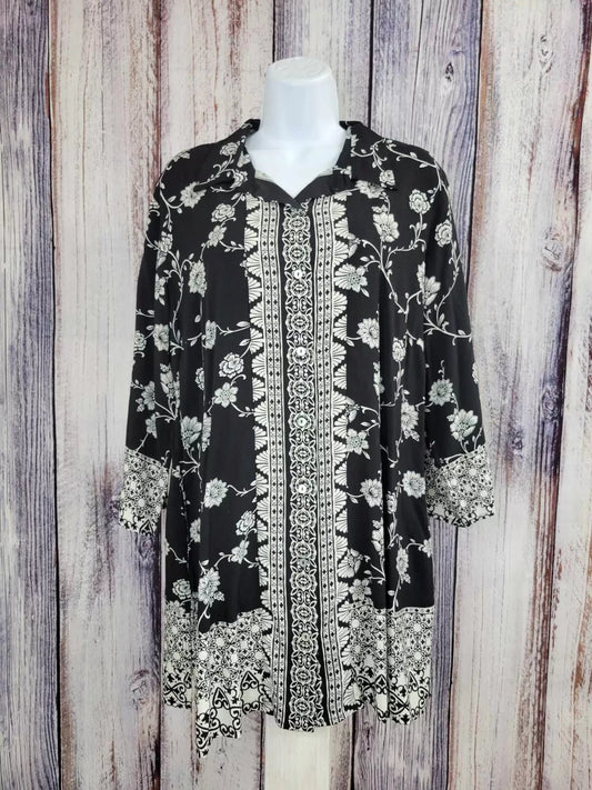 LARGE BLACK A602030 Susan Graver Passport Reg Printed Rayon Woven 3/4- Sleeve Duster