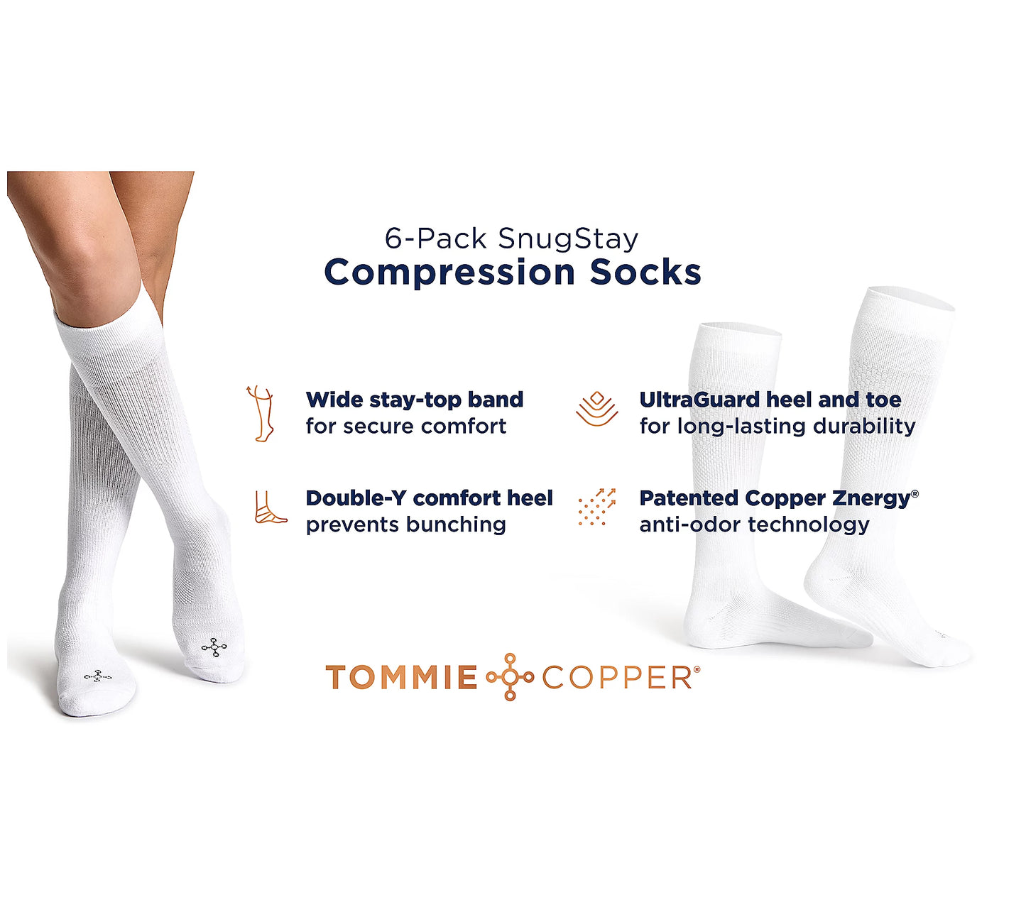 BASIC V56832 Tommie Copper 6pk SnugStay OTC Compression Socks (MULTIPLE SIZES AVAILABLE)