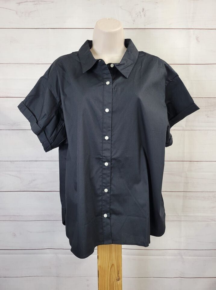 LARGE BLACK A480585 Candace Cameron Bure Stretch Poplin Short-Sleeve Shirt