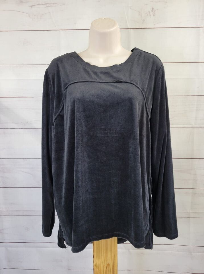 LARGE BLACK A368291 Carole Hochman Petite Silky Velour Fleece Crew Neck PJ Top