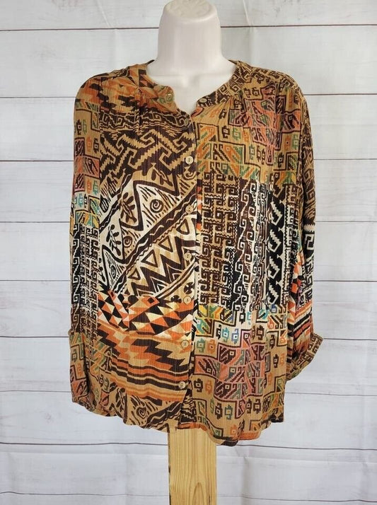 SMALL AZTEC Tolani Collection Button-Front Crinkle Gauze Printed Top