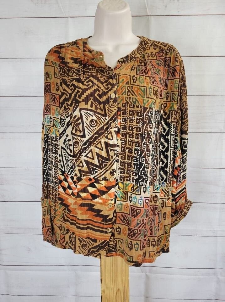 XSMALL AZTEC A382633 Tolani Collection Button-Front Crinkle Gauze Printed Top