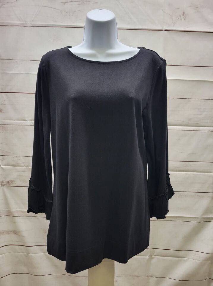 SMALL BLACK A309415 Denim & Co. Boatneck 3/4-Bell Sleeve Top w/ Ruffle Cuffs