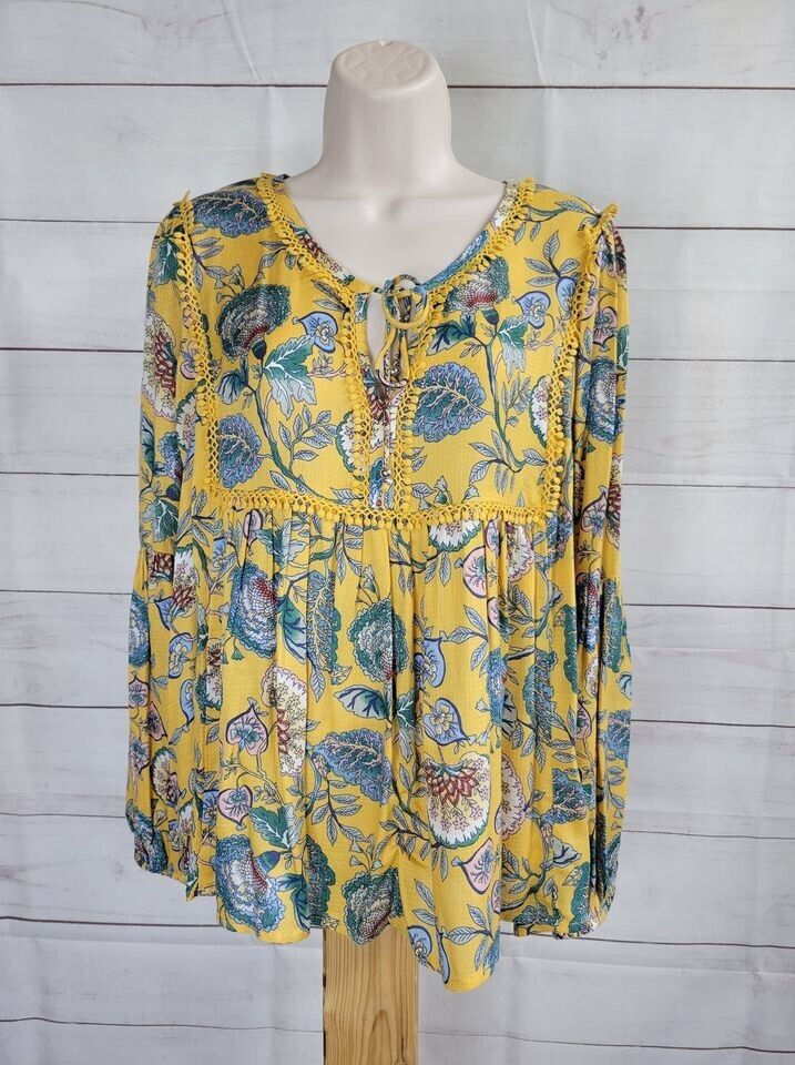 XSMALL SUNFLOWER A370019 Haute Hippie Tribe 'Avery' Peasant Blouse with Tie Neck