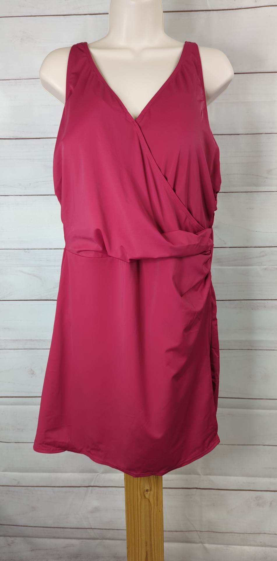16R MAGENTA A468465 Denim & Co. Beach V-Neck Wrap Front Swim Dress