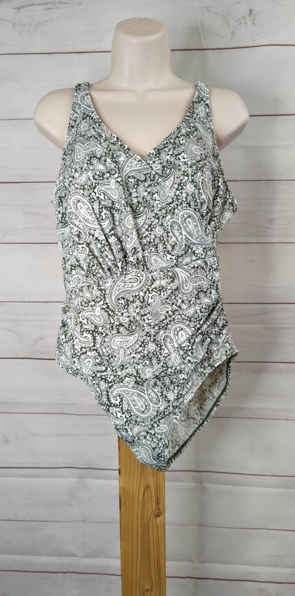 12R OLIVE A392810 Denim & Co. Beach Surplice One-Piece with Ruching