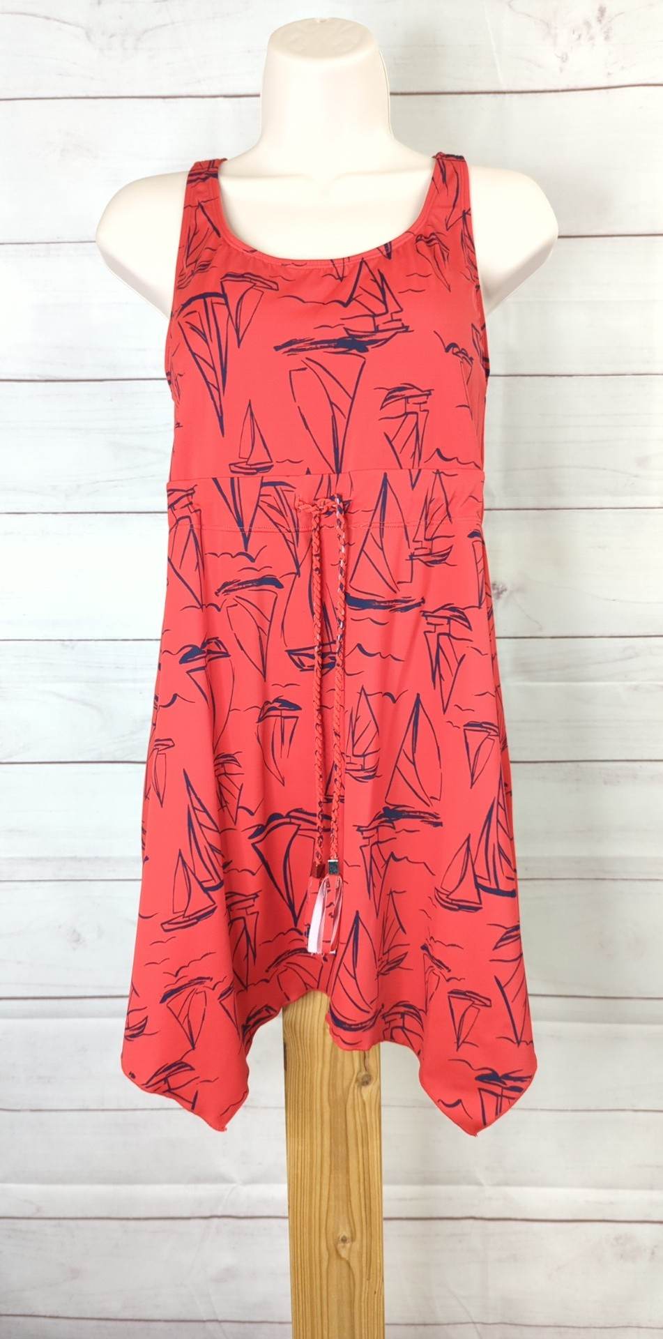 6 RED BOATS A375174 Denim & Co. Scoop Neck Handkerchief Hem Swim Dress