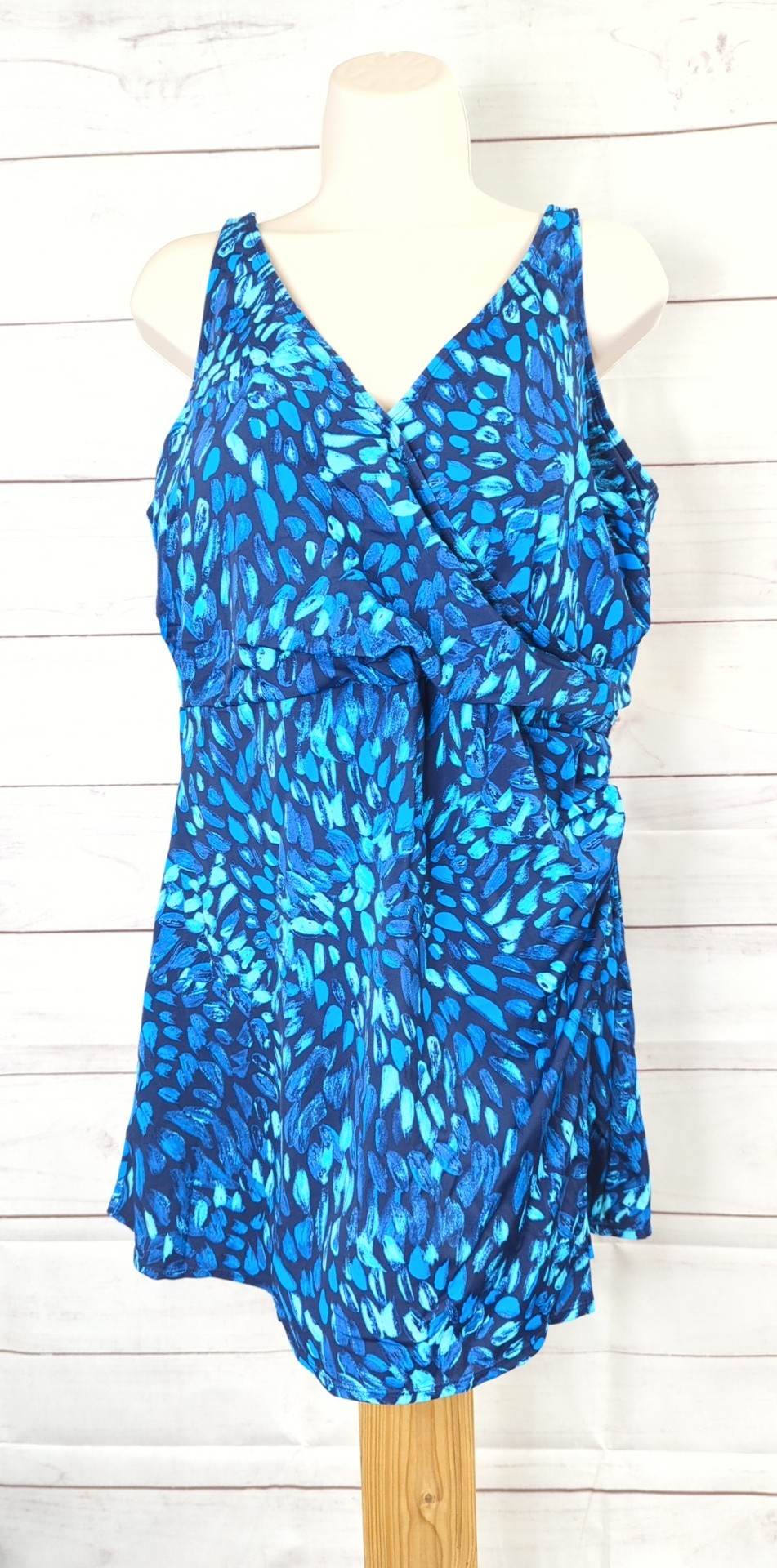 16 AZURE A468465 Denim & Co. Beach V-Neck Wrap Front Swim Dress