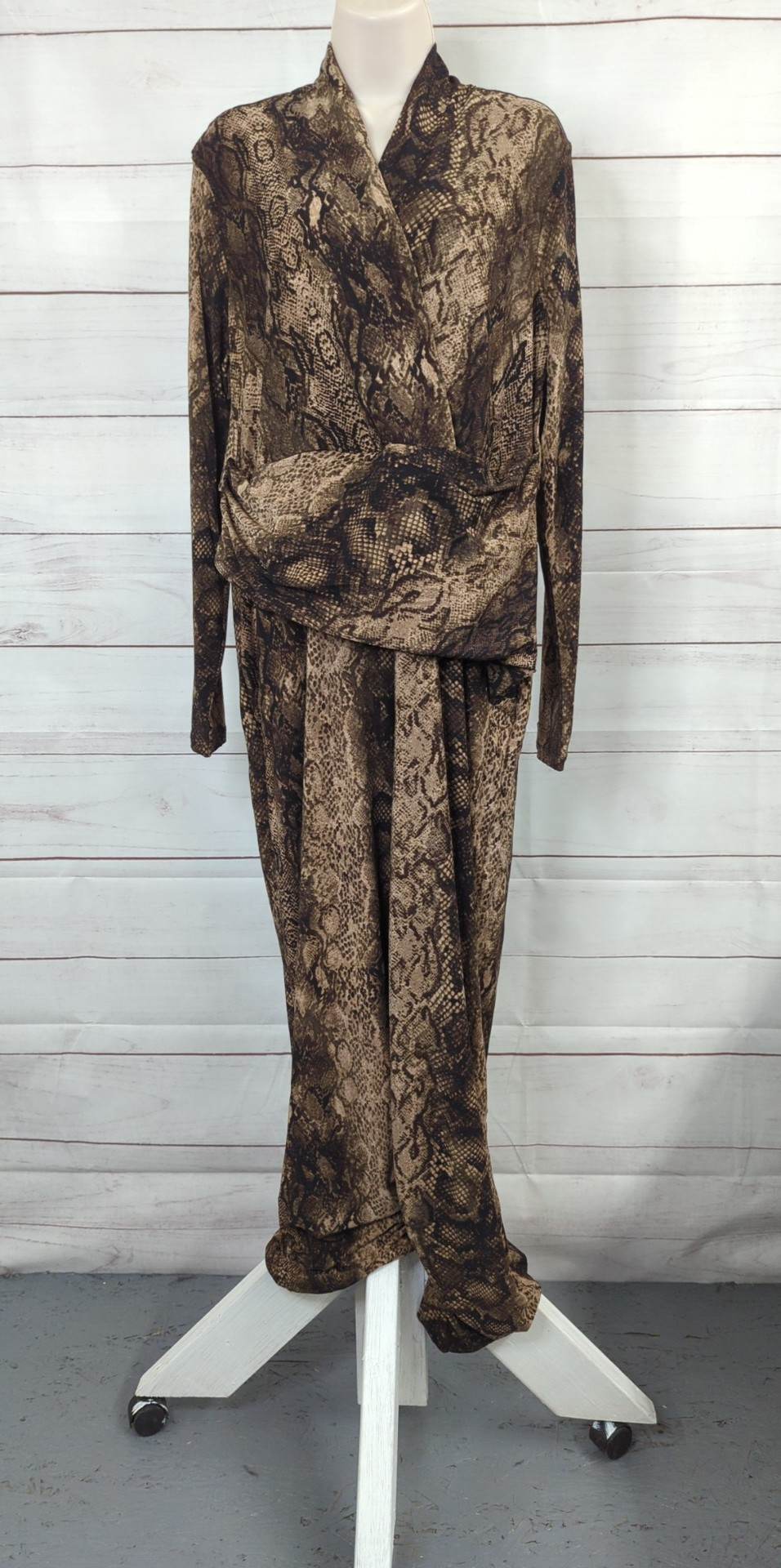 XSMALL TALL WILD CHOC A518221 Attitudes by Renee Como Jersey Mock Wrap Waist Jumpsuit