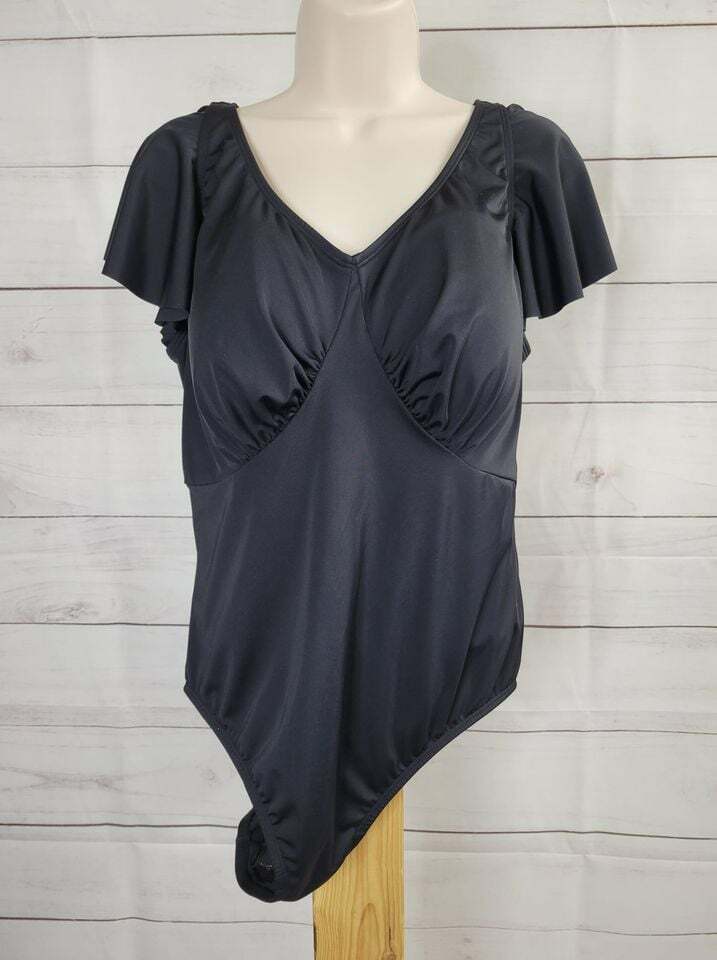 12R BLACK A392811 Denim & Co. Beach Draped Ruffle Sleece One-Piece