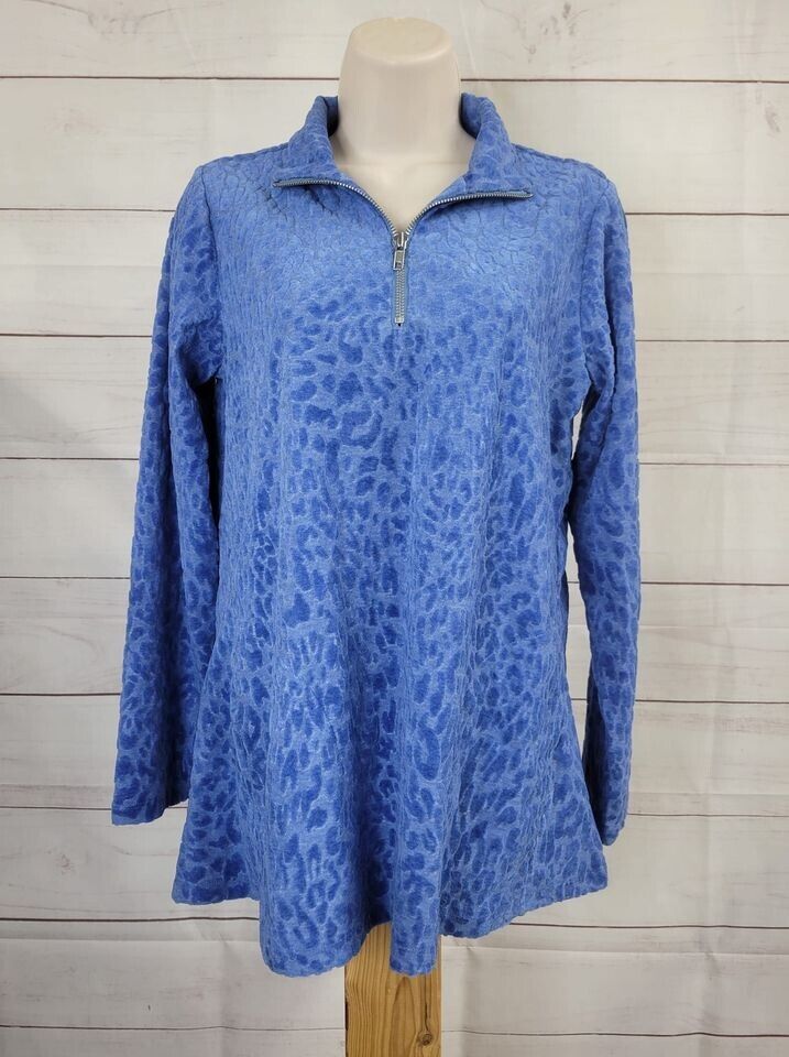 XSMALL BLUE A387774 Susan Graver Weekend Burnout Jacquard Knit Half-Zip Top