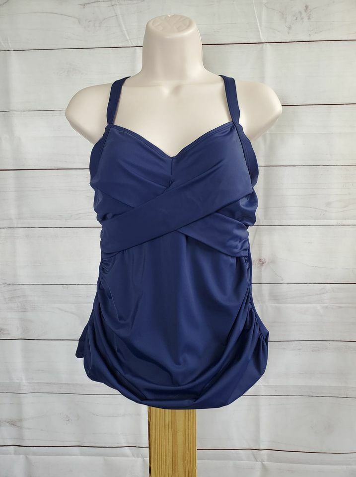 14R NAVY A392815 Denim & Co. Beach Twist Front Tankini Swim