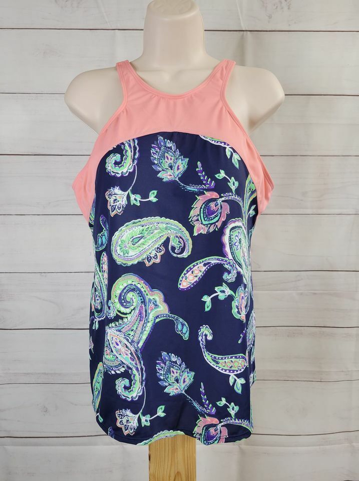 12R NAVY PAISLEY A375177 Denim & Co. Beach Paisley Tankini