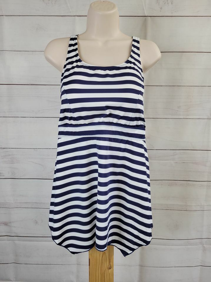 16R NAVY STRIPE A392813 Denim & Co. Beach Handkerchief Hem Tankini