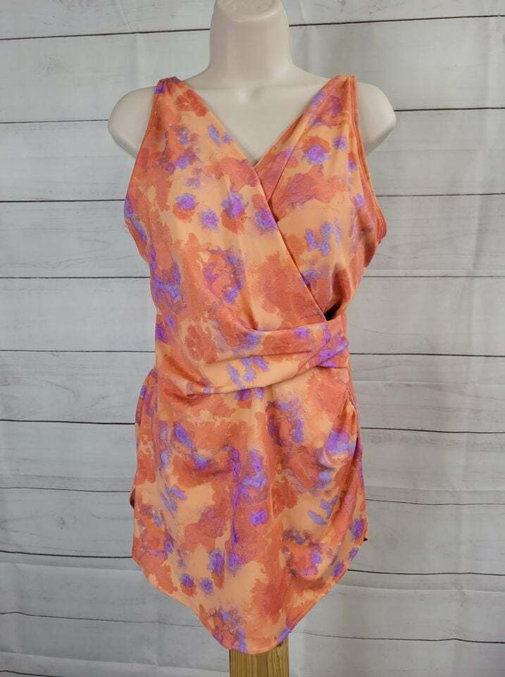 12R CORAL TIE DYE A392809 Denim & Co. Beach V-Neck Surplice Swim Dress