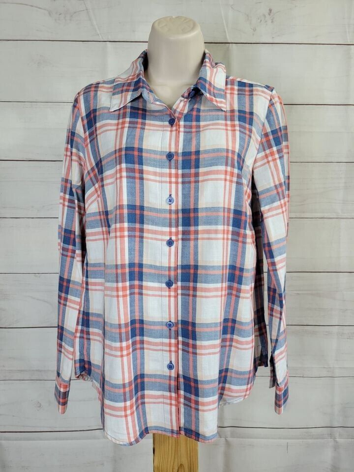 XXSMALL BLUE A396001 Denim & Co. Plaid Button-Front Long-Sleeve Shirt