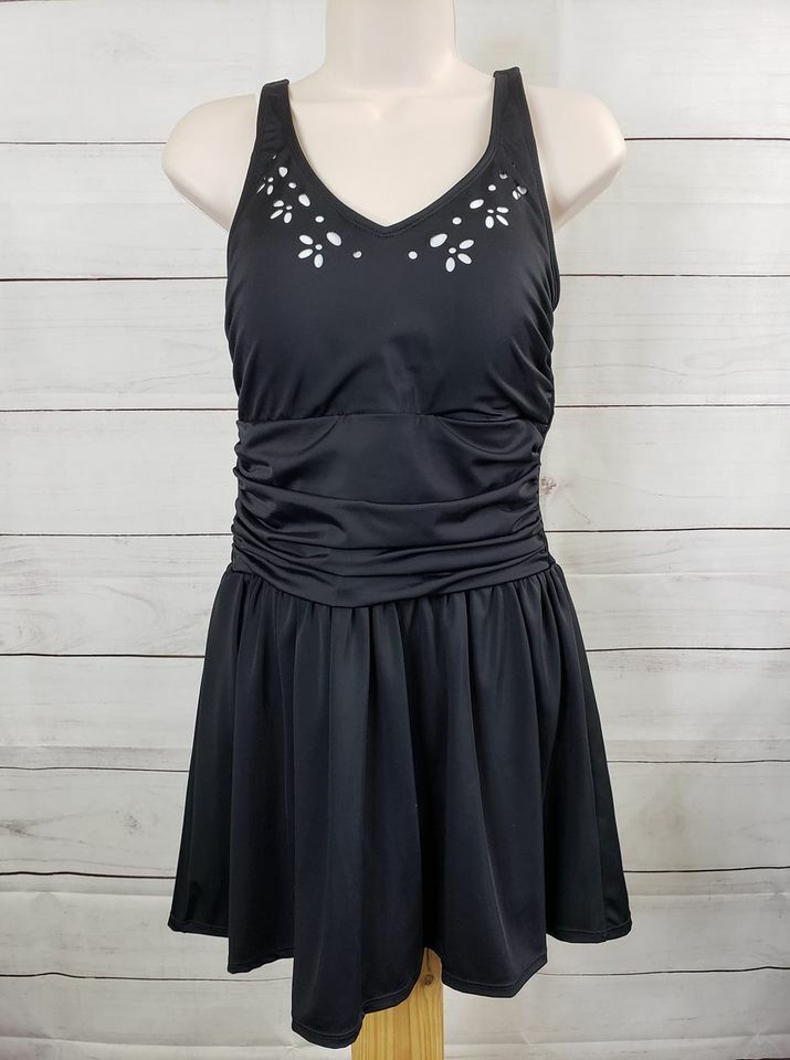 8R BLACK A350351 Denim & Co. Beach Laser Cut Swim Dress