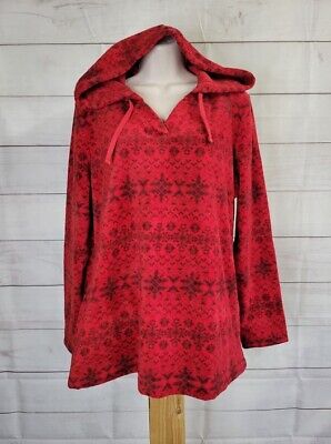 XXSMALL RED A389072 Denim & Co. Printed Fleece Top with Hood